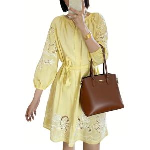 image:imageCHARTOU Women Summer Sundress Half Sleeve Dress Button Down Shirt Embroidery Lace Eyelet Tunic Dress with BeltYellow