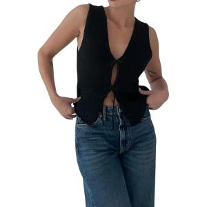 image:imageCHARTOU Women Tie Front Knit Vest Top Crochet Sweater Vest Shirt V Neck Knitted Tank Sleeveless Vest Y2k StreetwearBlack