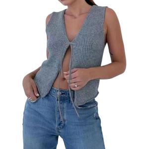 image:imageCHARTOU Women Tie Front Knit Vest Top Crochet Sweater Vest Shirt V Neck Knitted Tank Sleeveless Vest Y2k StreetwearGrey
