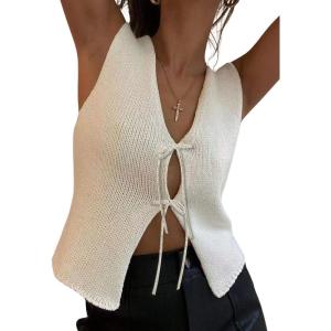 image:imageCHARTOU Women Tie Front Knit Vest Top Crochet Sweater Vest Shirt V Neck Knitted Tank Sleeveless Vest Y2k StreetwearWhite