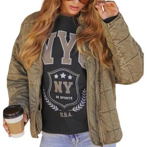 image:imageCHARTOU Women Vintage Quilted Puffer Jacket Coat Winter Oversized Stand Collared Zipper Up Outwear ShacketBrown