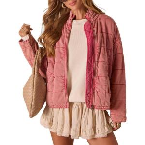 image:imageCHARTOU Women Vintage Quilted Puffer Jacket Coat Winter Oversized Stand Collared Zipper Up Outwear ShacketPink