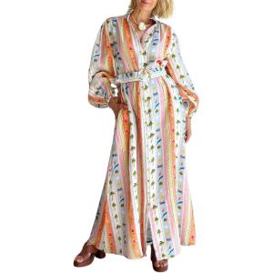image:imageCHARTOU Womens Button Down Linen Maxi Shirt Dress Long Sleeve Tropical Floral Print Flowy Dresses with BeltOrange