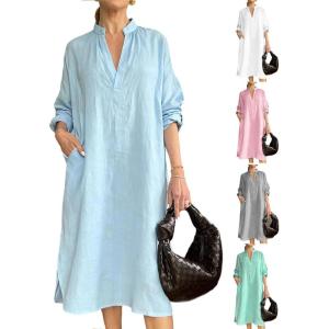 image:imageCHARTOU Womens Cotton Linen Shift Tunic Dress Long Sleeve Casual Loose V Neck Shirt Midi Dress with PocketsBlue