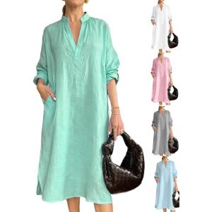 image:imageCHARTOU Womens Cotton Linen Shift Tunic Dress Long Sleeve Casual Loose V Neck Shirt Midi Dress with PocketsGreen