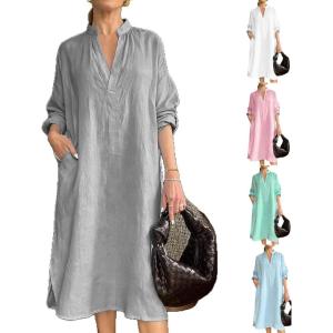 image:imageCHARTOU Womens Cotton Linen Shift Tunic Dress Long Sleeve Casual Loose V Neck Shirt Midi Dress with PocketsGrey