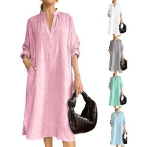 image:imageCHARTOU Womens Cotton Linen Shift Tunic Dress Long Sleeve Casual Loose V Neck Shirt Midi Dress with PocketsPink