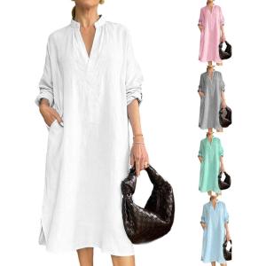 image:imageCHARTOU Womens Cotton Linen Shift Tunic Dress Long Sleeve Casual Loose V Neck Shirt Midi Dress with PocketsWhite