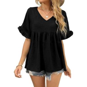 image:imageCHARTOU Womens Dressy V Neck Ruffle Babydoll Shirt Blouse Tops Flounce Tunic T ShirtBlack