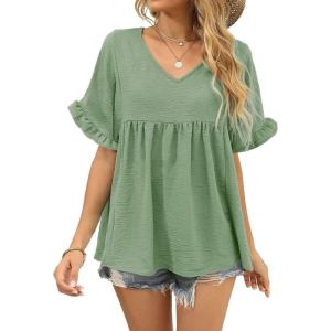 image:imageCHARTOU Womens Dressy V Neck Ruffle Babydoll Shirt Blouse Tops Flounce Tunic T ShirtGreen