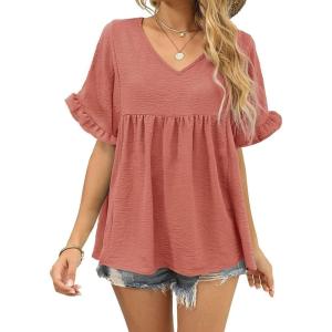 image:imageCHARTOU Womens Dressy V Neck Ruffle Babydoll Shirt Blouse Tops Flounce Tunic T ShirtPink
