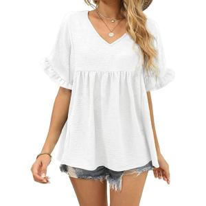 image:imageCHARTOU Womens Dressy V Neck Ruffle Babydoll Shirt Blouse Tops Flounce Tunic T ShirtWhite