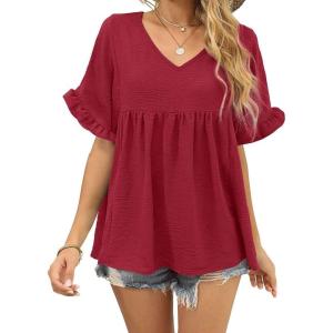 image:imageCHARTOU Womens Dressy V Neck Ruffle Babydoll Shirt Blouse Tops Flounce Tunic T ShirtWine Red
