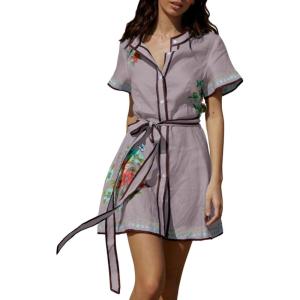 image:imageCHARTOU Womens Floral Linen Button Down Wrap Tie Knot Boho Beach Shirt Dress with BeltLotus Root