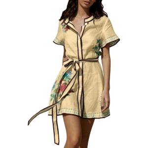 image:imageCHARTOU Womens Floral Linen Button Down Wrap Tie Knot Boho Beach Shirt Dress with BeltYellow