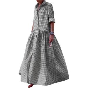 image:imageCHARTOU Womens Gingham Maxi Dress  Plaid Roll Up Long Sleeve Button Down Shirt Ruffle Swing Long Flowy Summer DressBlack