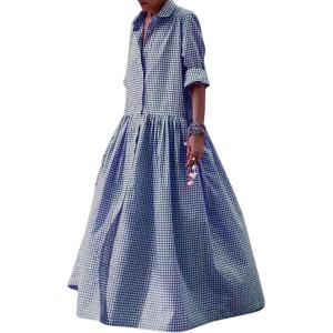 image:imageCHARTOU Womens Gingham Maxi Dress  Plaid Roll Up Long Sleeve Button Down Shirt Ruffle Swing Long Flowy Summer DressBlue