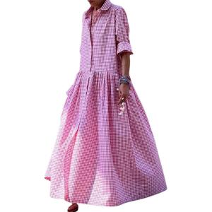 image:imageCHARTOU Womens Gingham Maxi Dress  Plaid Roll Up Long Sleeve Button Down Shirt Ruffle Swing Long Flowy Summer DressPink