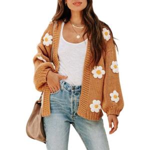 image:imageCHARTOU Womens Kawaii 3D Floral Applique Open Front Cardigan Sweater Y2k KnitwearCamel