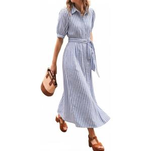 image:imageCHARTOU Womens Striped Shirt Dress Summer Casual Puff Short Sleeve Button Down Midi Dresses with BeltBlue