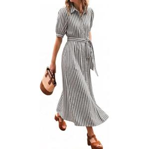 image:imageCHARTOU Womens Striped Shirt Dress Summer Casual Puff Short Sleeve Button Down Midi Dresses with BeltGrey