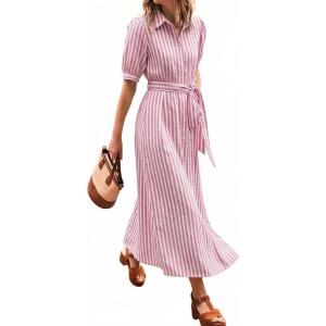 image:imageCHARTOU Womens Striped Shirt Dress Summer Casual Puff Short Sleeve Button Down Midi Dresses with BeltPink