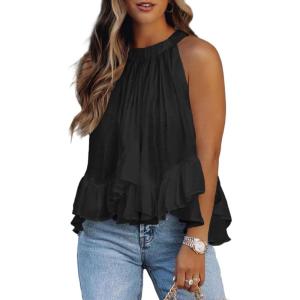 image:imageCHARTOU Womens Summer Halter Neck Smocked Sleeveless Irregular Ruffled Blouse Tank ShirtBlack