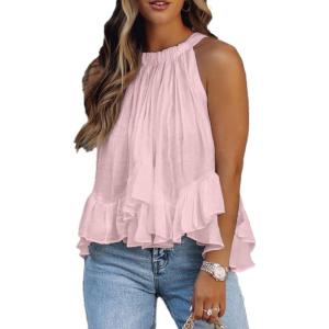 image:imageCHARTOU Womens Summer Halter Neck Smocked Sleeveless Irregular Ruffled Blouse Tank ShirtPink