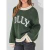 image:imageCHARTOU Fall Chunky Pullover Sweaters for Women 2024 Trendy Y2k Knit Letter Contrast Color Outwear Tops CuteGreen