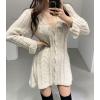 image:imageCHARTOU Sexy Short Sweater Dress Button Open Front Cardigans Chunky Cable Knit Slim Fit Sweater DressApricot