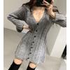 image:imageCHARTOU Sexy Short Sweater Dress Button Open Front Cardigans Chunky Cable Knit Slim Fit Sweater DressGrey