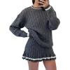 image:imageCHARTOU Two Piece Outfits for Women Sweater Skirt Contrast Trim Chunky Cable Knit Sweater Mini Skirt SetsGrey
