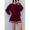 image:imageCHARTOU Two Piece Outfits for Women Sweater Skirt Contrast Trim Chunky Cable Knit Sweater Mini Skirt SetsWine