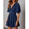 image:imageCHARTOU Women Button Down Denim Mini Dress Summer Puff Short Sleeve Cinched High Waisted A Line Shirt DessDark Blue