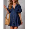 image:imageCHARTOU Women Button Down Denim Mini Dress Summer Puff Short Sleeve Cinched High Waisted A Line Shirt DessDark Blue