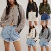 image:imageCHARTOU Women Casual Short Button Down Cable Knit Sweater Jacket Waffle Cropped Cardigan Sweater Y2k Knitted Crop TopApricot