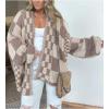 image:imageCHARTOU Women Checkered Open Front Cardigan Oversized Plaid Lantern Long Sleeve Chunky Knit SweaterKhaki