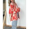 image:imageCHARTOU Women Checkered Open Front Cardigan Oversized Plaid Lantern Long Sleeve Chunky Knit SweaterRed