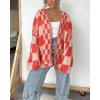 image:imageCHARTOU Women Checkered Open Front Cardigan Oversized Plaid Lantern Long Sleeve Chunky Knit SweaterRed