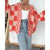 image:imageCHARTOU Women Checkered Open Front Cardigan Oversized Plaid Lantern Long Sleeve Chunky Knit SweaterRed