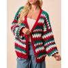 image:imageCHARTOU Women Color Stripes Chunky Cardigan Sweater Open Front Balloon Long Sleeve Knit Outwear CoatRed