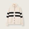 image:imageCHARTOU Women Contrast Stripes Knit Cardigan Sweater Oversized Button Down Turtleneck Sweater CoatBeige