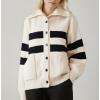 image:imageCHARTOU Women Contrast Stripes Knit Cardigan Sweater Oversized Button Down Turtleneck Sweater CoatBeige