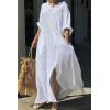 image:imageCHARTOU Women Cotton Linen Long Sleeve Dress Button Down Shirt Dress Flowy Caftan Swimsuit Beach Cover Ups SundressWhite