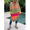 image:imageCHARTOU Women Fall Loose Contrast Striped Long Sleeve V Neck Off Shoulder Knit Sweater DressCamel