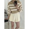 image:imageCHARTOU Women Fall Zip Up Cardigan Stripes Crop Sweater Chunky Knit Casual Jacket Outfits TopsApricot
