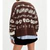 image:imageCHARTOU Women Floral Crop Knit Cardigan Sweater Fall Collared Lapel Button Down Long Sleeve Sweater TopsCoffee