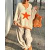image:imageCHARTOU Women Fuzzy V Neck Off Shoulder Star Graphic Drape Oversized Pullover Sweater with Contrast TrimOrange