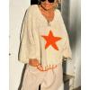 image:imageCHARTOU Women Fuzzy V Neck Off Shoulder Star Graphic Drape Oversized Pullover Sweater with Contrast TrimOrange