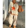 image:imageCHARTOU Women Fuzzy V Neck Off Shoulder Star Graphic Drape Oversized Pullover Sweater with Contrast TrimOrange